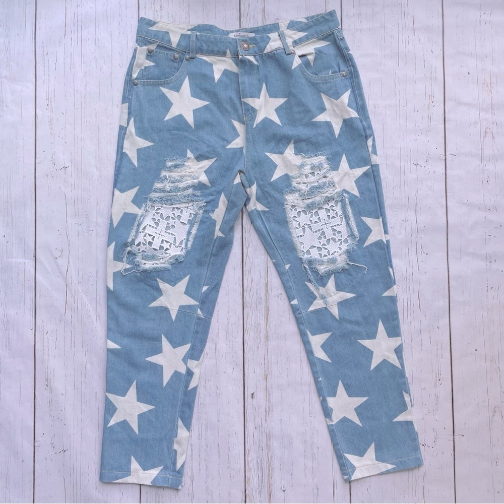 Katy Huang Style Ripped Thigh Star Print Tapered Ankle High Rise Jeans Size L